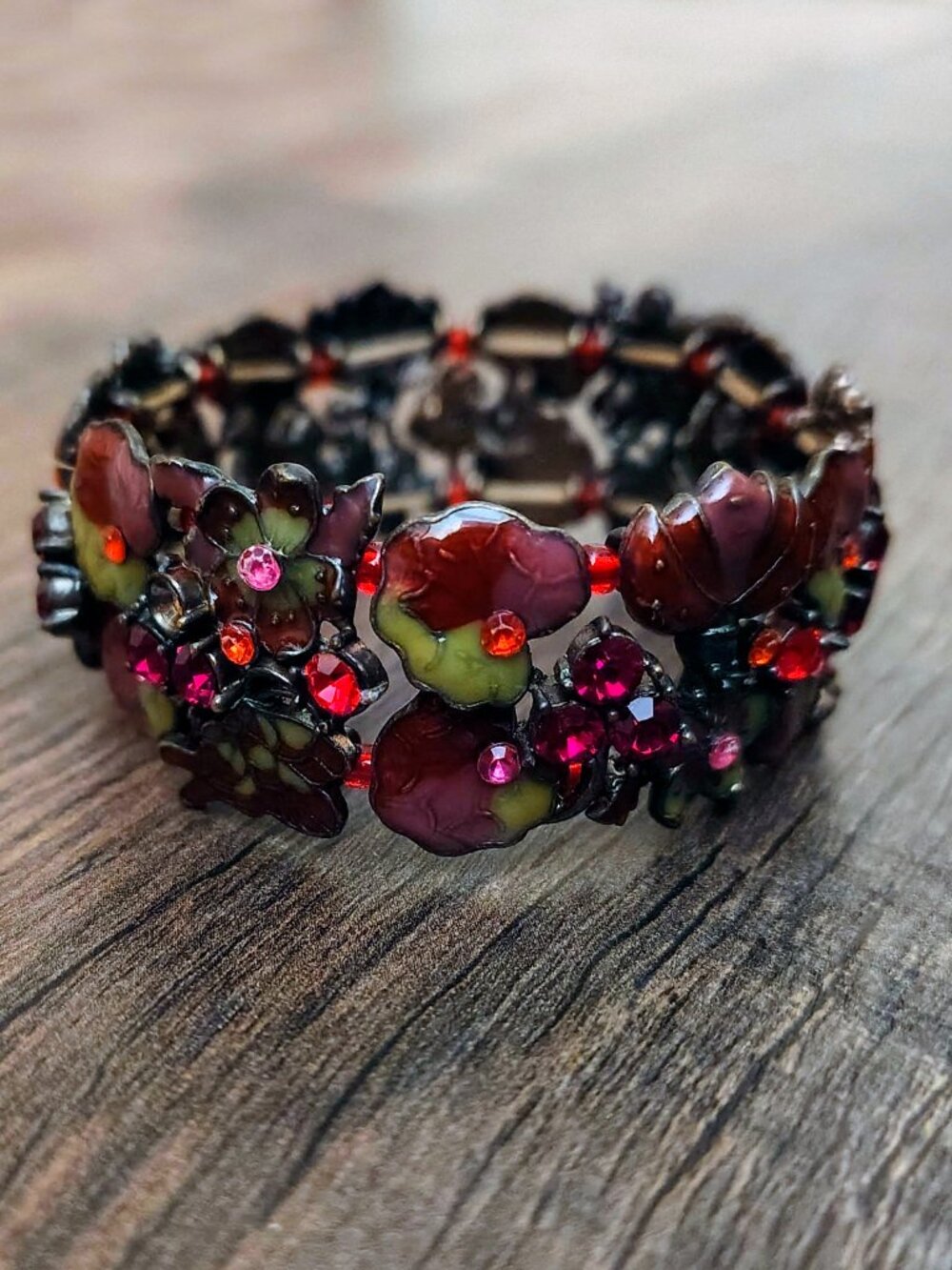 Vintage Whimsigoth Enamel Flower and Rhinestone Stretch Cuff Bracelet